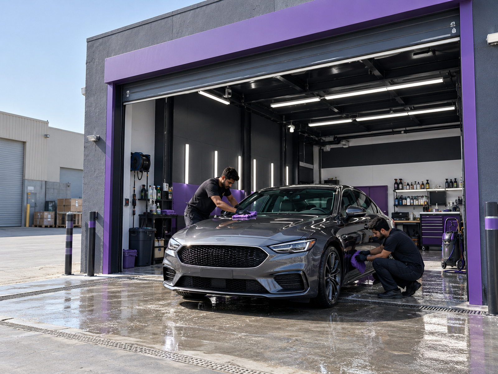Small car care shop front in a Sharjah industrial area, violet accent, no readable signs